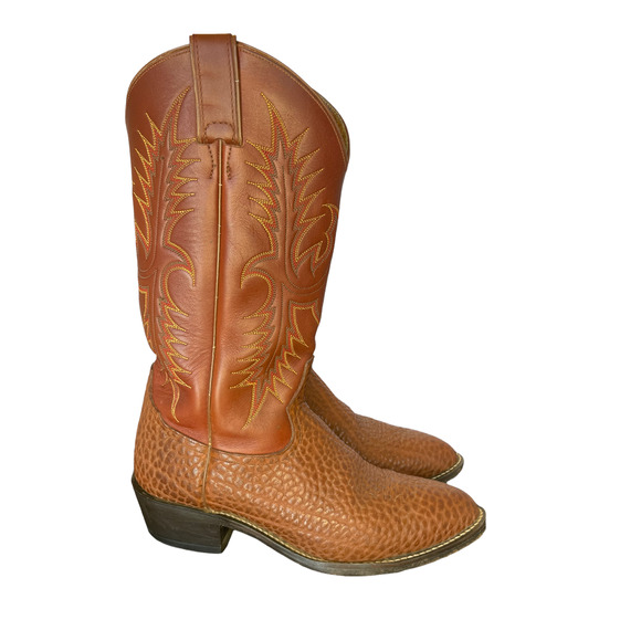 Vintage Tony Lama Men's Brown Bull Hide Almond Toe Cowboy Boot Size 8.5 - Picture 2 of 10